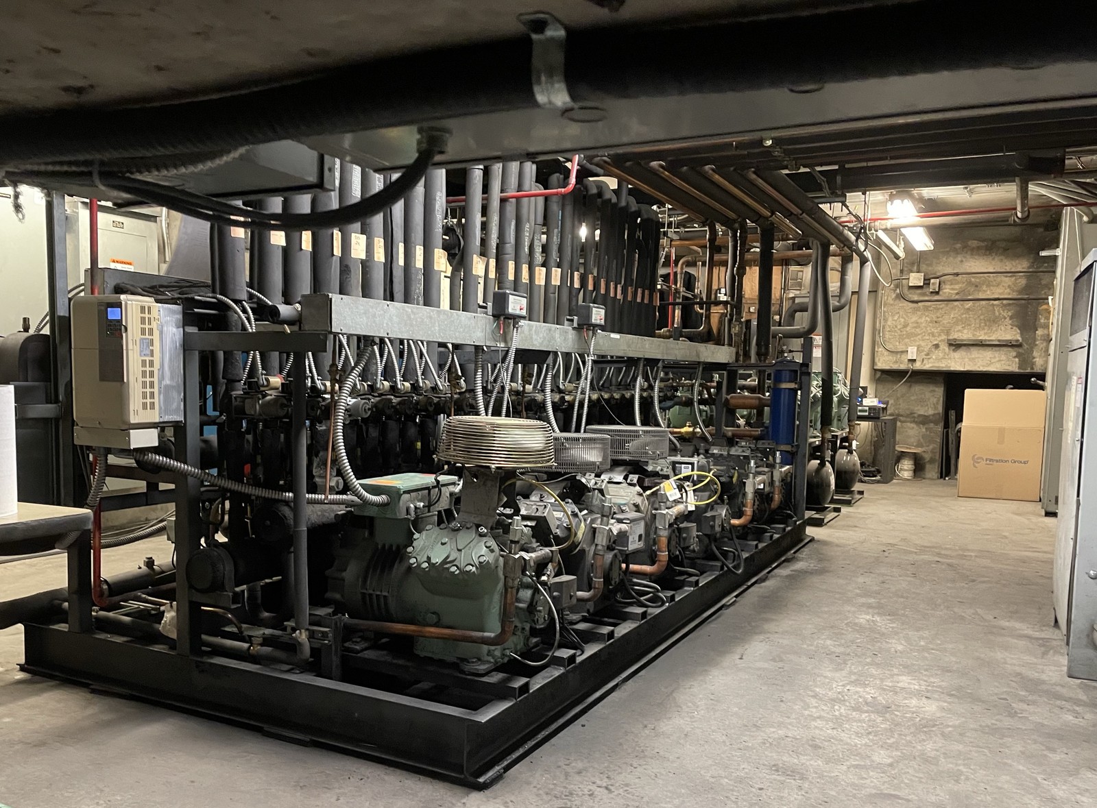 A parallel compressor rack for low-temperature refrigeration in a mechanical room: compressors on a steel frame, suction headers and insulated risers behind them, a controller at the left
