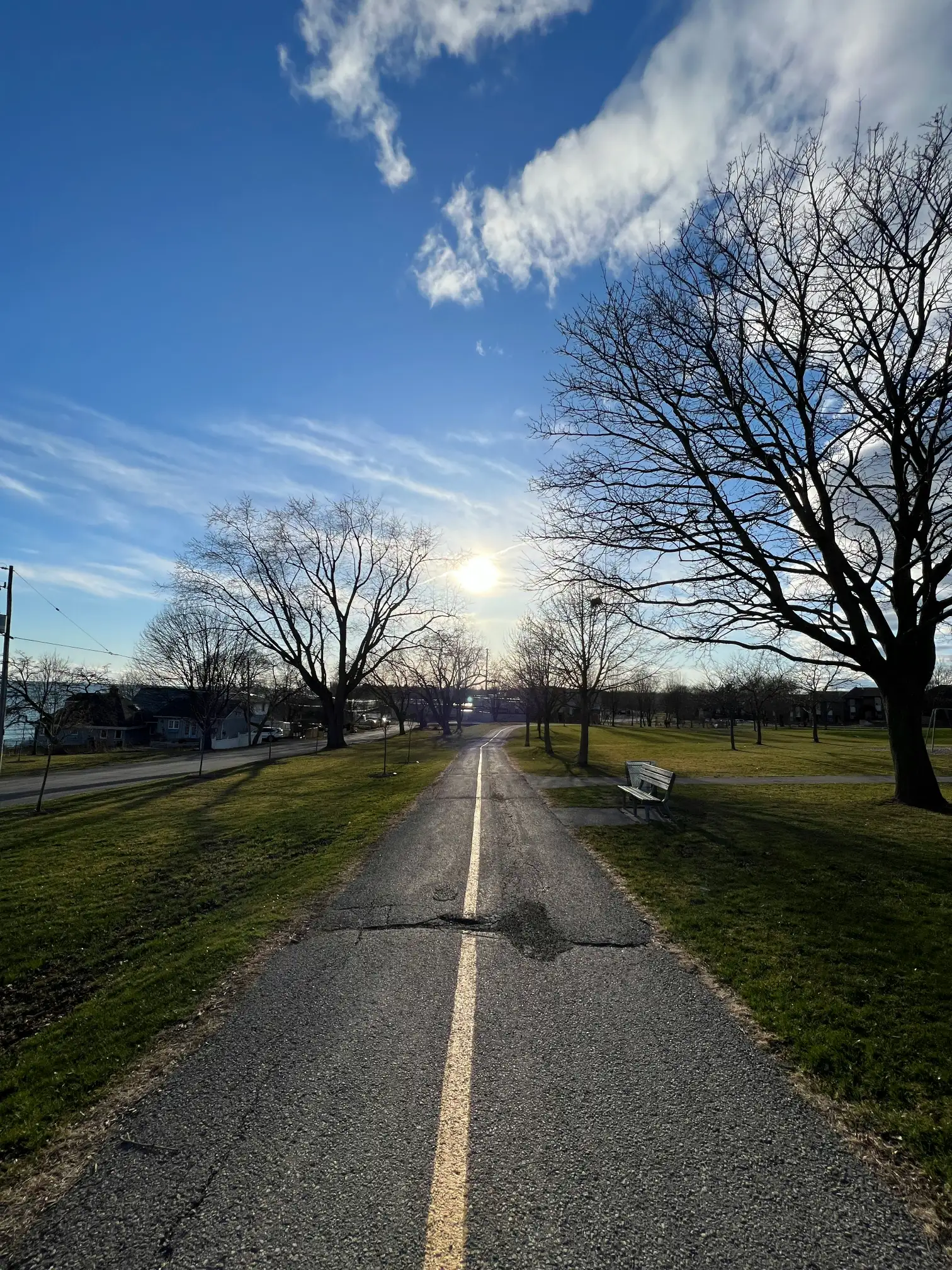 Durham-sunny-day-pathway, cycling park road, bench